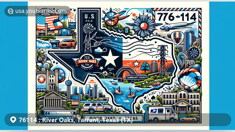 Modern illustration of River Oaks, Tarrant, Texas, capturing unique elements of the area with iconic symbols of Texas, presented as a postcard featuring Texas state flag, Tarrant County outline, and local landmarks.