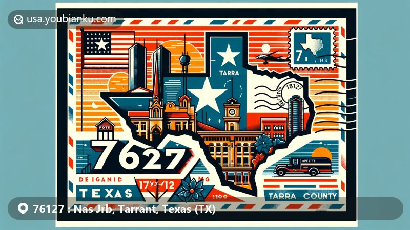 Modern illustration of Nas Jrb, Tarrant County, Texas, featuring Texas state flag, Tarrant County outline, Nas Jrb landmark, and postal elements with ZIP code 76127.