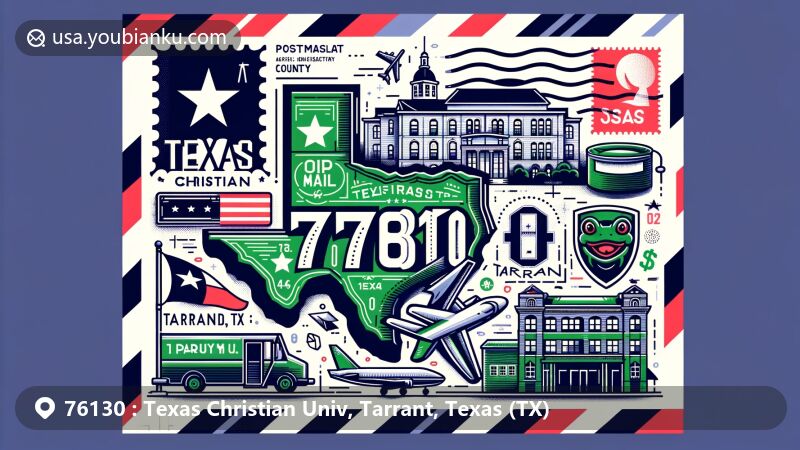 Colorful illustration representing ZIP code 76130, home to Texas Christian University in Tarrant County, Texas. Features state flag, Tarrant County outline, and symbols of TCU like academic buildings or a horned frog mascot.