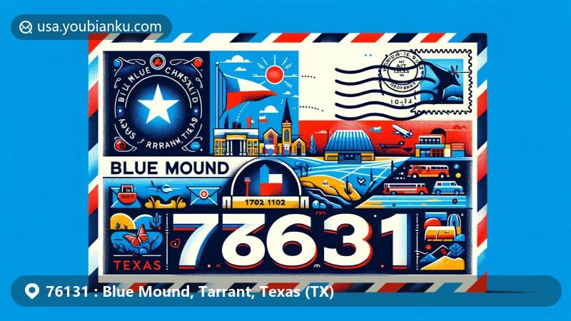 Modern illustration of Blue Mound, Tarrant County, Texas, showcasing postal theme with ZIP code 76131, featuring Texas state flag, map outline, stamps, and postmark.