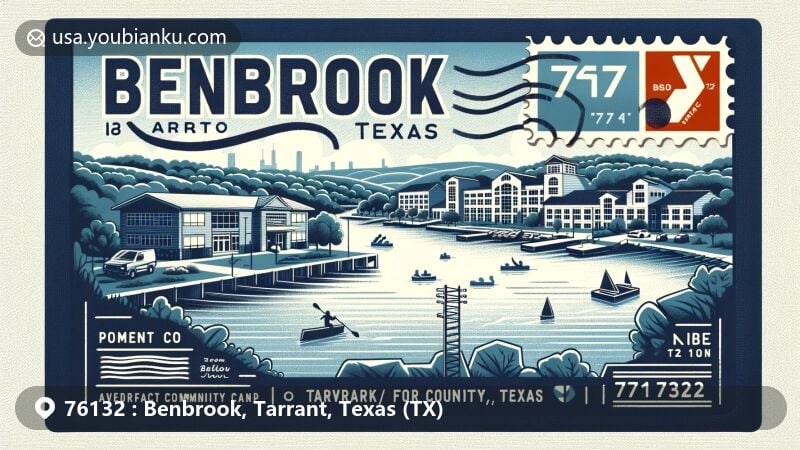 Colorful depiction of Benbrook, Tarrant County, Texas, emphasizing its vibrant community and natural beauty, including Benbrook Lake and local landmarks.
