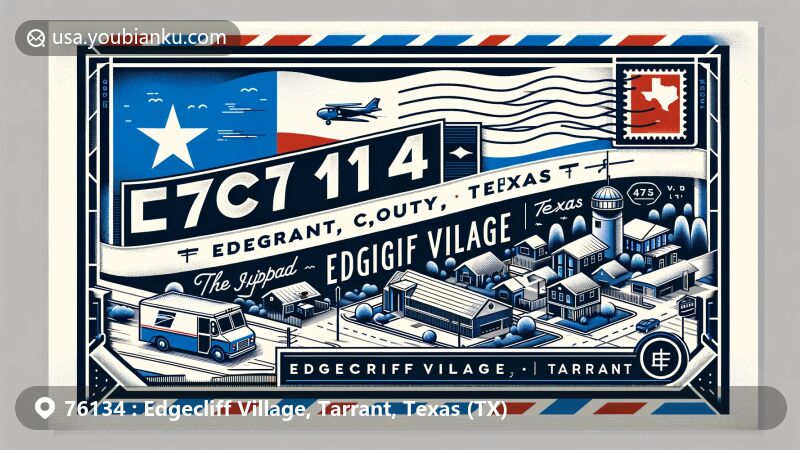 Modern illustration of Edgecliff Village, Tarrant County, Texas, featuring Texas state flag, Tarrant County outline, and local landmark, with postal elements like postage stamp, mailbox, and mail truck.