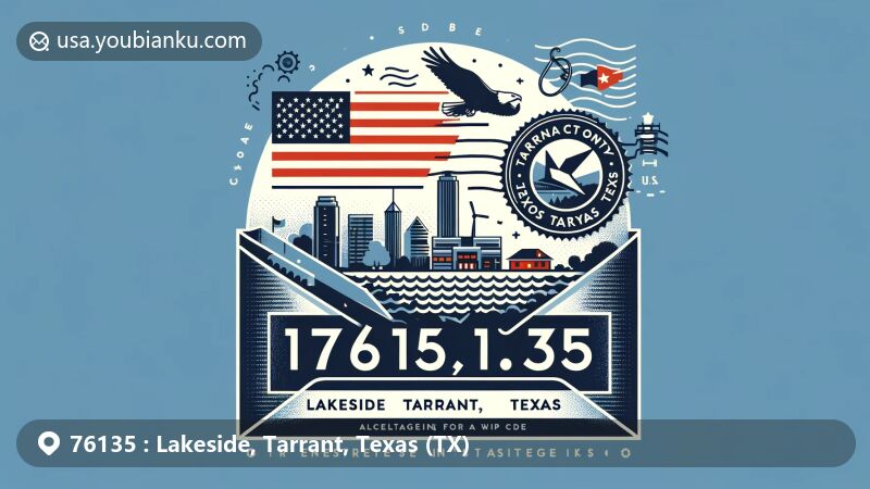 Modern illustration of Lakeside, Tarrant, Texas, with air mail envelope emphasizing postal theme and featuring elements like postage stamp, postmark with ZIP code 76135, Texas state flag, Tarrant County silhouette, and iconic Lakeside landmark.