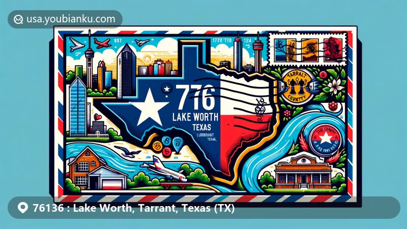 Modern illustration of Lake Worth, Tarrant County, Texas, showcasing postal theme with ZIP code 76136, featuring Texas state flag, Tarrant County outline, landmarks, and cultural symbols.