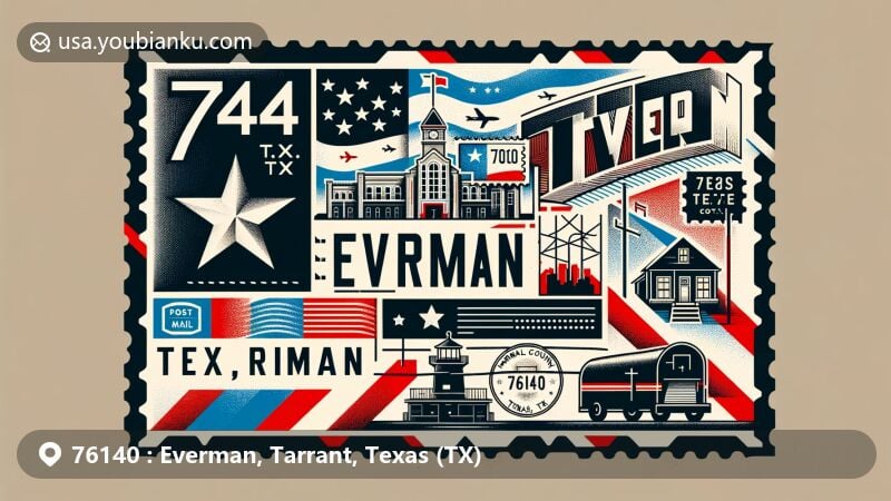 Modern illustration of Everman, Tarrant County, Texas, designed as a creative postcard with Texas state flag, Tarrant County map silhouette, and local landmark. Features vintage postage stamp, postmark '76140 Everman, TX', and old-fashioned mailbox or mail truck.