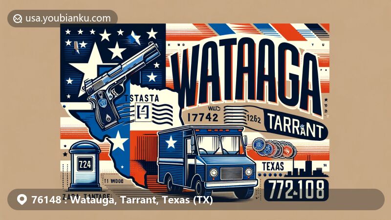 Modern illustration of Watauga, Tarrant County, Texas, showcasing postal theme with ZIP code 76148, featuring Texas state flag, Tarrant County outline, Watauga landmarks, and postal elements.