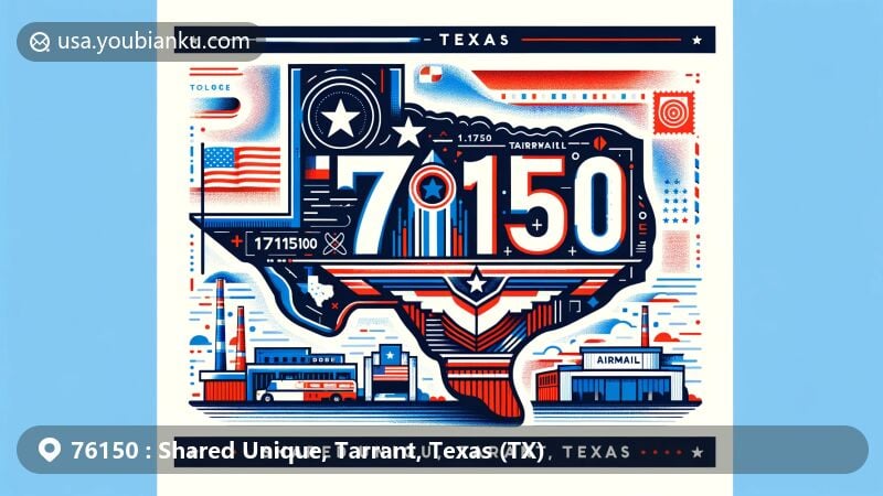 Modern illustration of Shared Unique area in Tarrant County, Texas, showcasing postal theme with ZIP code 76150, featuring state flag, Tarrant County outline, vintage postage stamp, and airmail elements.