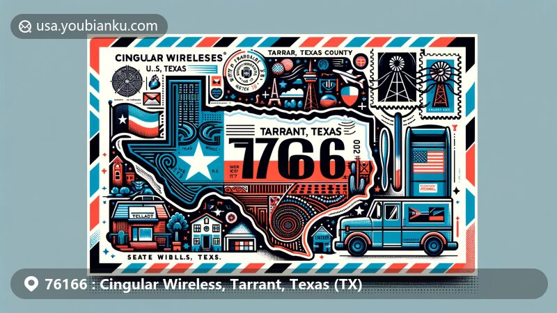 Modern illustration of Cingular Wireless, Tarrant, Texas (TX), showcasing postal theme with ZIP code 76166, featuring Texas state flag, Tarrant County outline, and iconic Texas landmarks.