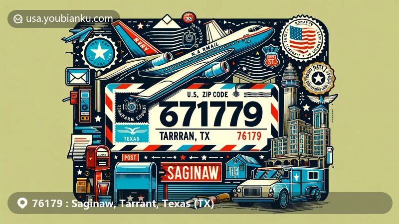 Modern illustration of Saginaw, Tarrant County, Texas, focusing on postal theme with a vintage airmail envelope, Texas state flag stamp, Saginaw postmark, and local landmark.