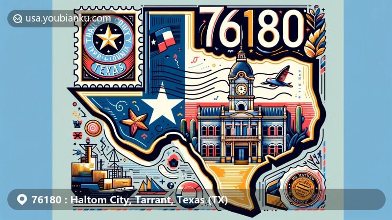 Modern illustration representing Haltom City, Tarrant County, Texas with postal theme showcasing ZIP code 76180, featuring Texas outline with state flag, iconic city landmark, Tarrant County shape, postmark, postage stamp, airmail envelope design.