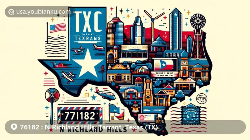 Modern illustration of N Richland Hills, Tarrant County, Texas, with Texas state flag, Tarrant County outline, and local landmarks, incorporating postal theme with postcard shape, stamp, postmark, and ZIP code 76182.