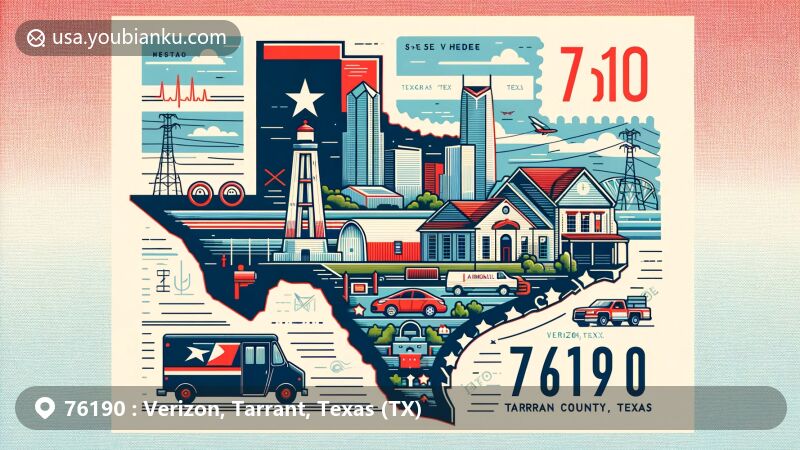 Modern illustration of Verizon, Tarrant County, Texas, featuring postal theme with ZIP code 76190, showcasing Tarrant County outline within Texas, Texas landmark, and postal communication elements.