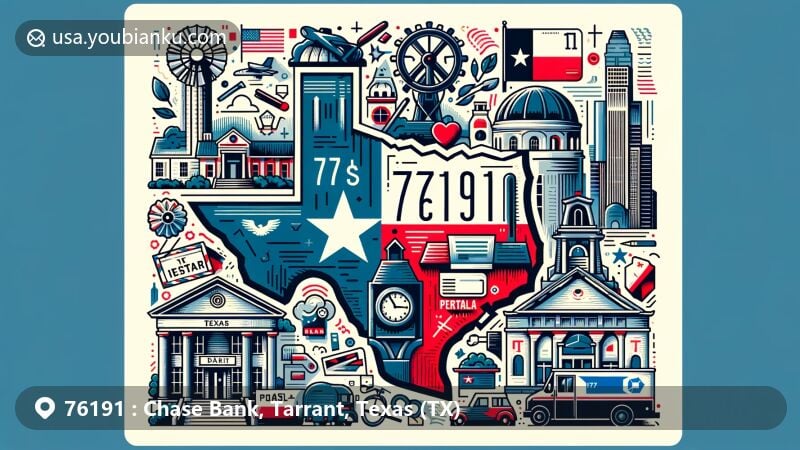 Modern illustration of Chase Bank in Tarrant County, Texas with ZIP code 76191, showcasing Texas state flag and landmarks of Tarrant County, incorporating postal theme with postcard shape, airmail envelope, postage stamp, postmark, mailbox, and postal van.