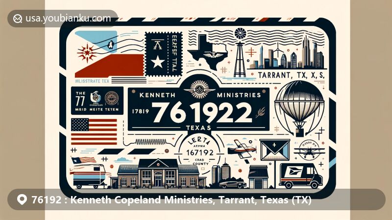 Modern illustration of Tarrant, Texas, linked to ZIP code 76192, featuring Texas state flag and iconic landmarks, with postal elements like stamps, mailbox, and mail truck.