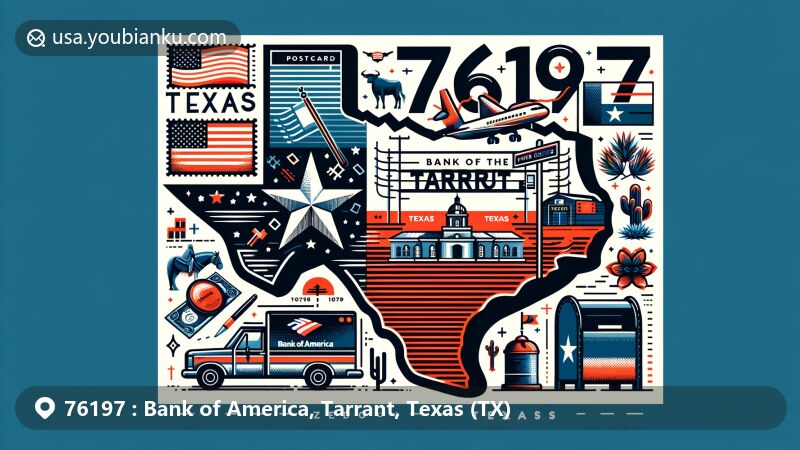 Modern illustration of the Bank of America area in Tarrant, Texas, showcasing postal theme with ZIP code 76197, featuring iconic Texas symbols like the Lone Star, cowboy elements, and local flora.