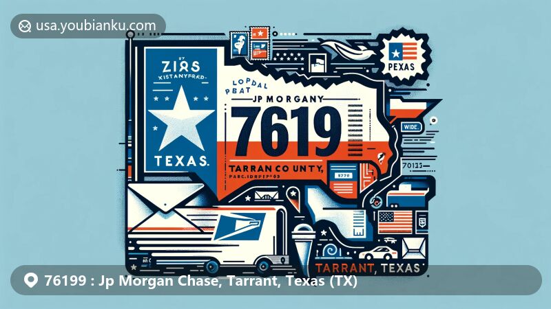 Modern illustration of Jp Morgan Chase, Tarrant County, Texas, featuring Texas state flag, Tarrant County map, and iconic regional element in airmail envelope design.