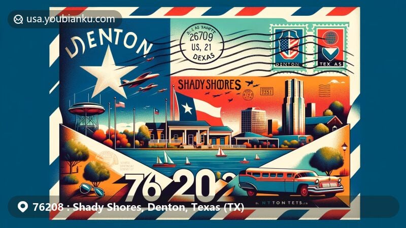 Modern illustration of Shady Shores, Denton, Texas, showcasing postal theme with ZIP code 76208, featuring key landmarks and Texas state symbols.
