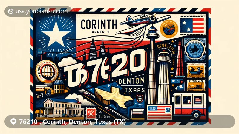 Modern illustration of U.S. ZIP code 76210 (Corinth, Denton, Texas) featuring postcard with Texas flag, Denton County outline, and cultural symbols of both cities.