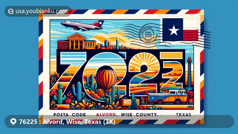 Modern illustration of Alvord, Wise County, Texas, showcasing postal theme with ZIP code 76225, featuring Texan rural landscape, Wise County symbol, Texas state flag, and postal elements.