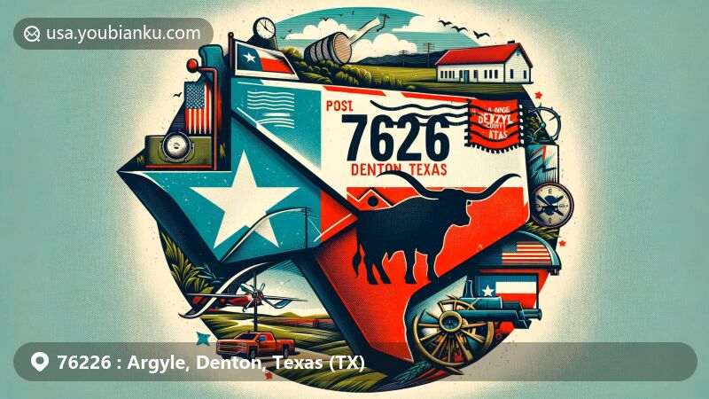 Modern illustration of Argyle, Denton County, Texas, showcasing postal theme with ZIP code 76226, featuring vintage airmail envelope and key elements like Texas state flag, Denton County map, longhorn, and pastures.