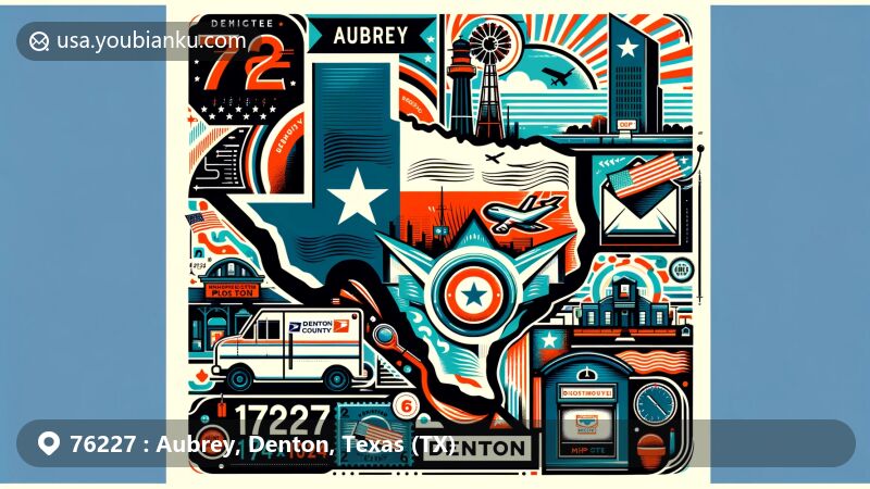 Modern illustration of Aubrey, Denton area in Texas, with ZIP code 76227, featuring Texas state flag, Denton County map silhouette, and iconic Aubrey landmark.