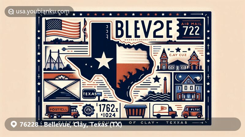 Modern illustration of Bellevue, Clay County, Texas, with ZIP code 76228, showcasing postal theme with Texas state flag, Clay County silhouette, stamp, postmark, mailbox, and mail truck.