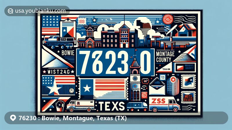 Modern illustration of Bowie, Montague County, Texas, showcasing postal theme with ZIP code 76230, featuring postcard, airmail envelope, stamps, postmark, and Texas state flag.