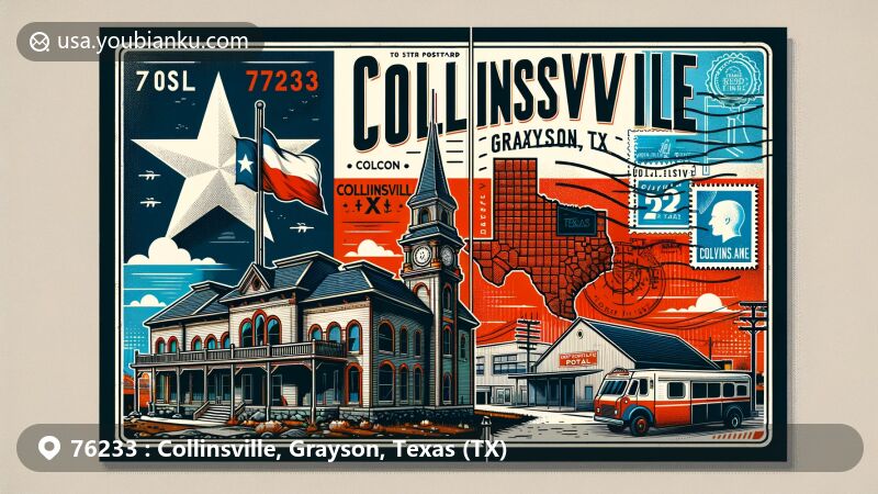 Modern illustration of Collinsville, Grayson, Texas (TX), highlighting ZIP code 76233, combining Texas state flag, Grayson County outline, iconic landmark of Collinsville, vintage postal elements, and colorful design.
