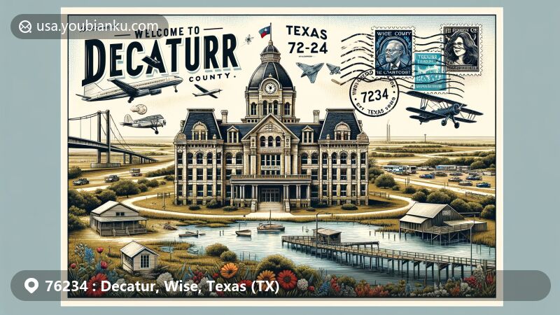 Modern illustration of Decatur, Wise County, Texas, showcasing postal theme with ZIP code 76234, highlighting Wise County Courthouse, Decatur Municipal Airport, Swinging Bridge, and Texas wildflowers.