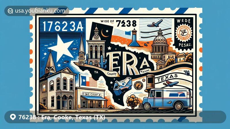 Modern illustration of Era, Cooke County, Texas, with postal theme for ZIP code 76238, featuring Texas state flag, Cooke County outline, Era landmarks, stamps, mailbox, and postal elements.