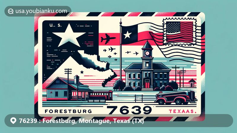 Modern illustration of Forestburg, Montague County, Texas, showcasing postal theme with ZIP code 76239, featuring the Texas state flag, County outline, and cultural landmark.