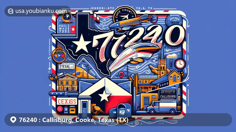 Modern illustration of Callisburg, Cooke County, Texas, showcasing postal theme with ZIP code 76240, featuring Texas state flag and postal elements like stamp, postmark, mailbox, and mail truck.