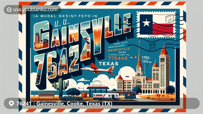 Modern illustration of Gainesville, Cooke, Texas (TX), showcasing postal theme with ZIP code 76241, featuring local landmarks, Texas state flag, and traditional postal elements.