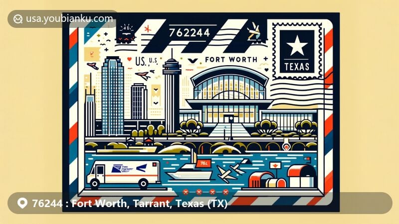 Modern illustration of Fort Worth, Tarrant County, Texas, representing ZIP code 76244 with postal theme, featuring landmarks like Fort Worth Water Gardens and Kimbell Art Museum, and Texas state symbols.