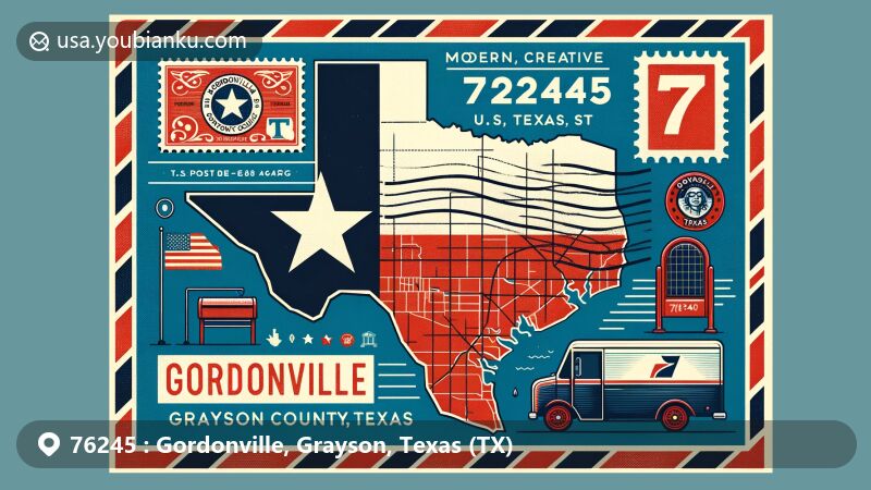 Colorful illustration of Gordonville, Grayson County, Texas, showcasing ZIP code 76245 and iconic Texas elements on a vintage postcard design.