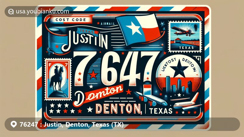 Modern illustration of Justin and Denton, Texas, showcasing postal theme with ZIP code 76247, incorporating symbols of Texas and local landmarks, featuring a vintage-style airmail envelope and iconic elements.