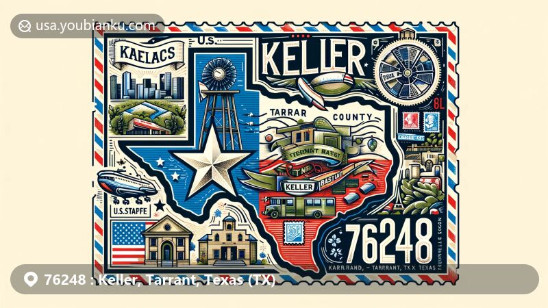 Modern illustration of Keller, Tarrant, Texas, showcasing postal theme with ZIP code 76248, featuring Texas state flag, Tarrant County outline, and Keller city landmarks.