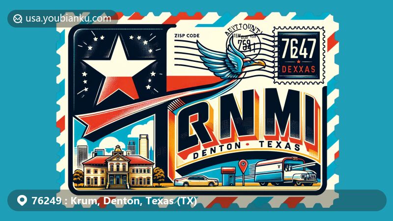 Modern illustration of Krum, Denton County, Texas, resembling an airmail envelope with the Texas state flag backdrop, showcasing ZIP code 76249 and local cultural symbol.