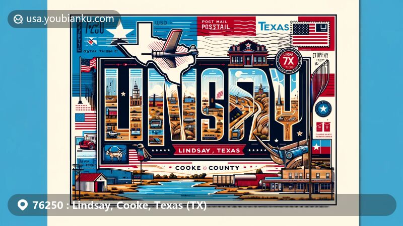 Colorful illustration of Lindsay, Cooke County, Texas, mimicking an airmail envelope, showcasing Texas state flag, Cooke County map outline, and local landmarks. Includes vintage postage stamp, Lindsay postmark, and mailbox.