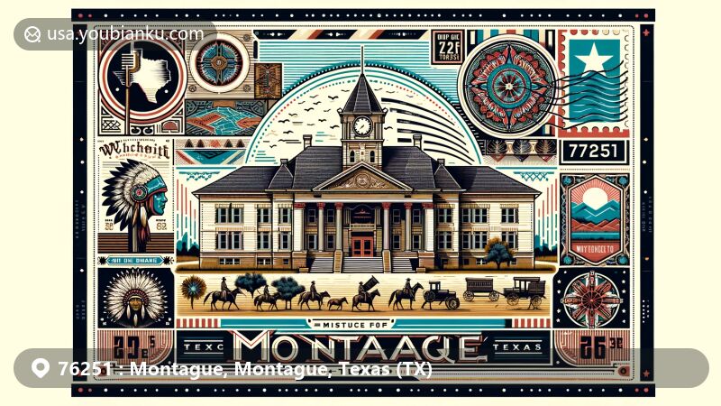 Contemporary illustration of Montague County, Texas, resembling a wide postcard or air mail envelope, featuring iconic Montague County Courthouse, Native American tribes Wichita and Caddo symbols, and subtle representation of Chisholm Trail, all integrated in vintage postal theme.