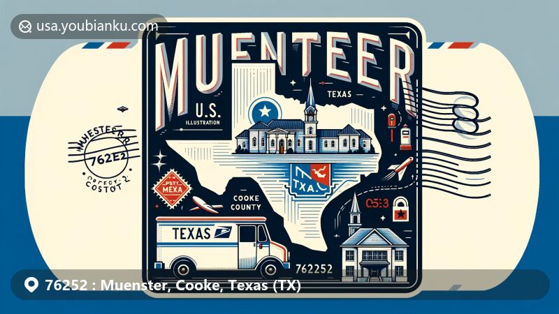 Modern illustration of Muenster in Cooke County, Texas, with postal theme featuring vintage stamp with ZIP code 76252, postmark, mailbox, and postal van, elegantly integrating names 'Muenster', 'Cooke', and 'Texas'.