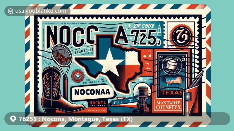 Modern illustration of Nocona, Montague County, Texas, representing ZIP code 76255, with Texas state flag, Nocona Boot Factory's cowboy boot, and Nocona Athletic Goods Company's baseball glove.