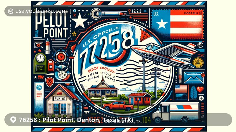 Modern illustration of Pilot Point, Denton County, Texas, resembling a wide-format postcard with postage stamp, postmark, ZIP Code 76258, mailbox, and mail truck, featuring Texas state flag and local landmarks.