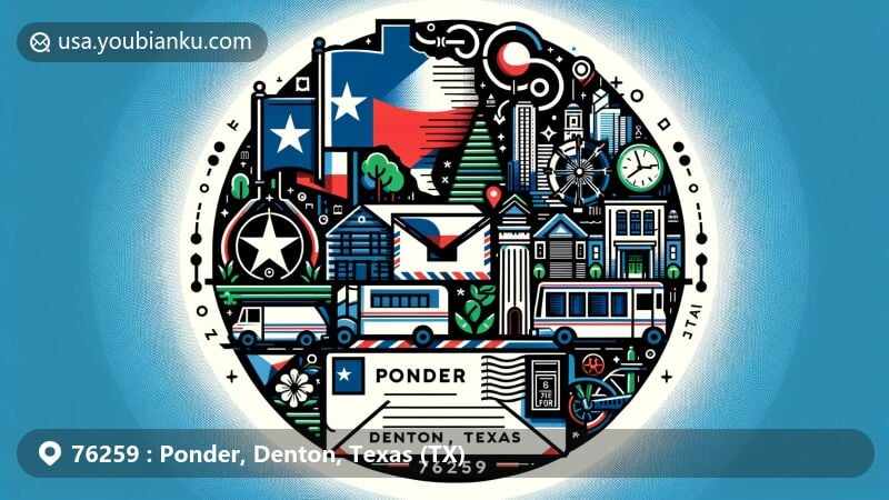Modern illustration of Ponder, Denton County, Texas, incorporating Texas state flag, Denton County outline, and local landmarks, with postal elements like postage stamp, postmark, mailbox, and mail truck.