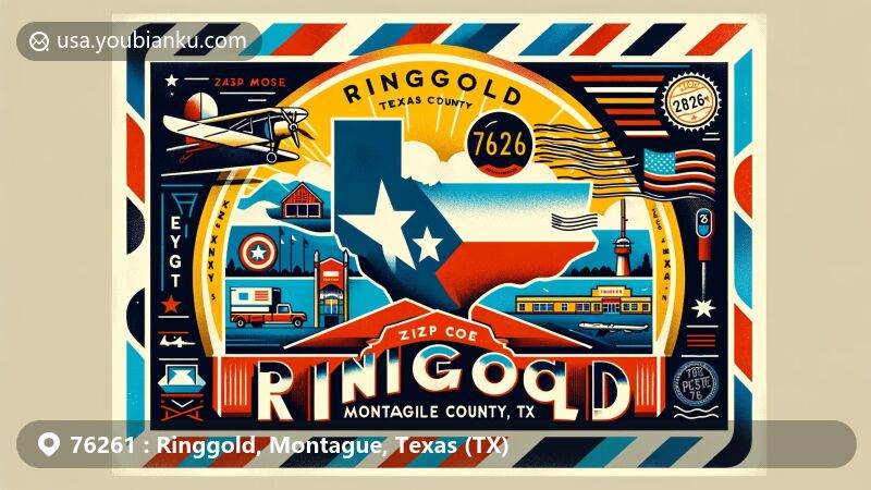 Vintage-style illustration of Ringgold, Montague County, Texas, inspired by airmail theme with Texas state flag, Montague County silhouette, and local landmark, featuring postal elements and classic American mail imagery.