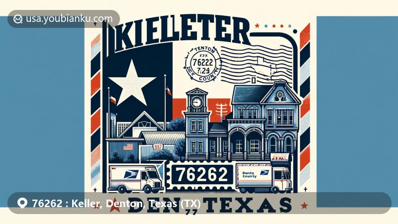 Modern illustration of Keller, Denton County, Texas, showcasing postal theme with ZIP code 76262, featuring Texas State Flag, Denton County map outline, Keller landmark, and postal elements.