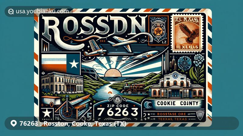 Modern illustration of Rosston, Cooke County, Texas, featuring vintage airmail envelope design with Texas state flag, Cooke County outline, and local landmarks. Vibrant, eye-catching image showcasing ZIP code 76263.