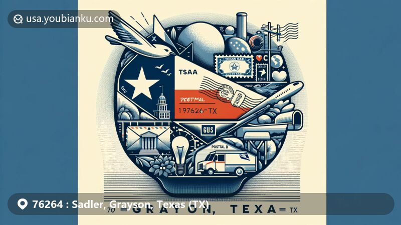 Modern illustration of Sadler, Grayson County, Texas, showcasing postal theme with ZIP code 76264, featuring Texas state flag, Grayson County outline, Sadler landmarks, and postal service elements.
