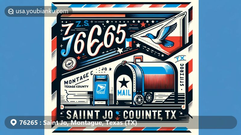 Modern illustration of Saint Jo, Montague County, Texas, featuring air mail envelope with Texas state flag and Montague County outline, classic mailbox, and vintage postal truck.