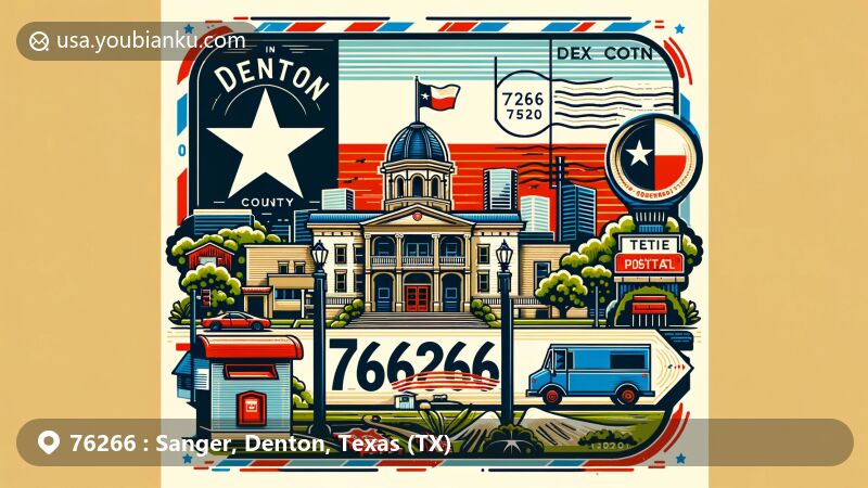 Creative illustration of Sanger, Denton County, Texas, with a postal theme featuring the Texas state flag, Denton County outline, and ZIP code 76266. Includes landmark or cultural symbol of Sanger and postal elements like stamp, postmark, mailbox, and postal vehicle.